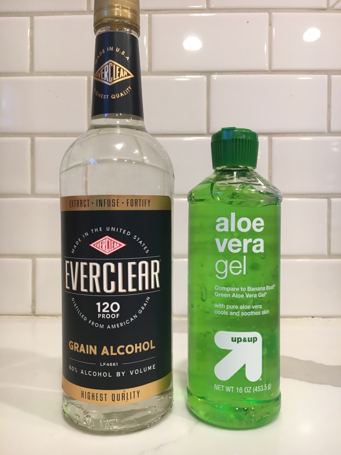 Everclear grain alcohol that was 120 proof and aloe vera gel is all that’s needed to make hand sanitizer.